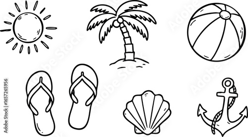 Summer beach icons with sun palm tree flip flops seashell anchor ball vector illustration 