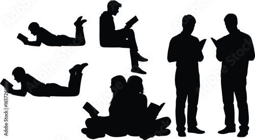 PrintSilhouette vector of people reading books in various positions, from lying and sitting to standing, representing leisure, education, 