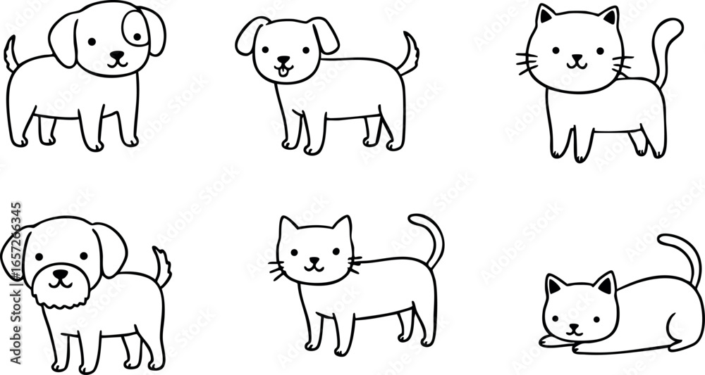 Obraz premium Cute dog and cat cartoon line art vector illustrations in simple style 