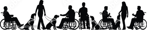 PrintSilhouette vector of wheelchair users and standing figures with service dogs, illustrating assistance, companionship, mobility support, and disability inclusion awareness