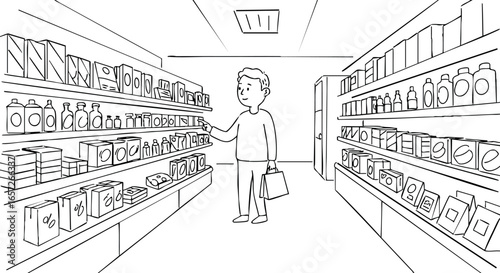 Man shopping in grocery store aisle with shelves stocked with products vector illustration 