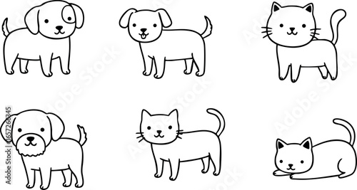Cute dog and cat cartoon line art vector illustrations in simple style 