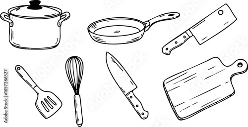 Kitchen cooking utensils collection with pot frying pan knives cutting board whisk spatula vector 