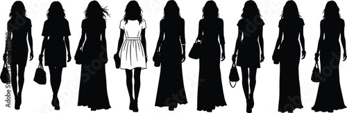 PrintSilhouette vector set of women in dresses holding handbags, featuring central highlighted figure, showcasing fashion diversity, style, and individuality concepts