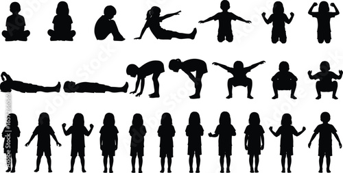 PrintSilhouettes of children in seated, standing, squatting, and crawling poses, showcasing developmental movement, posture variety, and playful physical activities