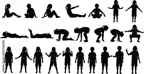 PrintSilhouettes of children in various poses and activities, showcasing movement, posture, play, crawling, sitting, standing, squatting, and gesturing