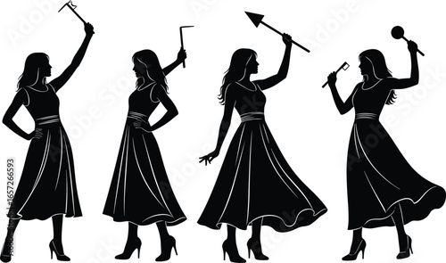 PrintSilhouettes of elegant women in dresses holding construction tools, blending femininity and labor symbolism for empowerment, strength, fashion, and identity themes