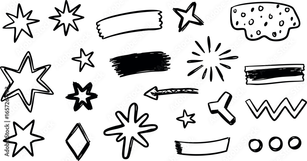 Fototapeta premium Hand Drawn Starburst and Arrow Doodle Elements Vector Illustration Set 