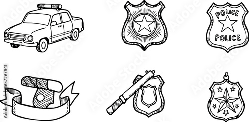 Police badges and patrol car vector set with law enforcement symbols and equipment 