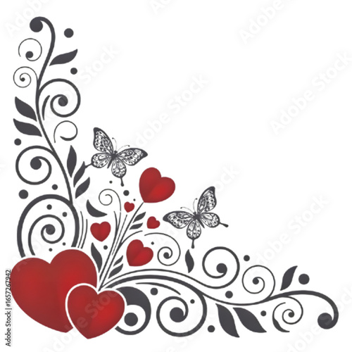 Romantic black corner design with red hearts and butterflies on white background