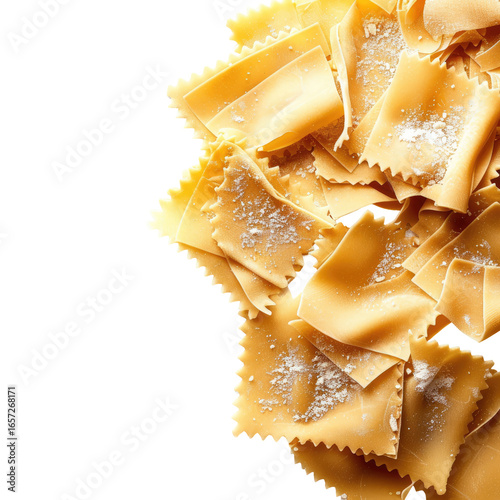 and keyword list for the image.. Fresh Pasta Stacked, Uncooked, Culinary Close-Up Preparation on Counter Surface