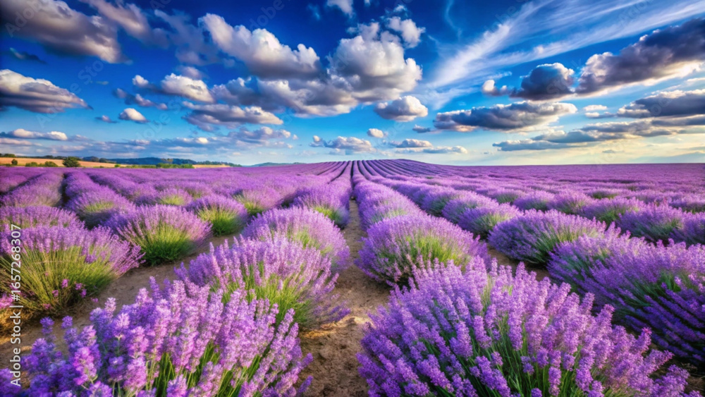 Obraz premium A serene landscape of a vast lavender field under a cloudy blue sky