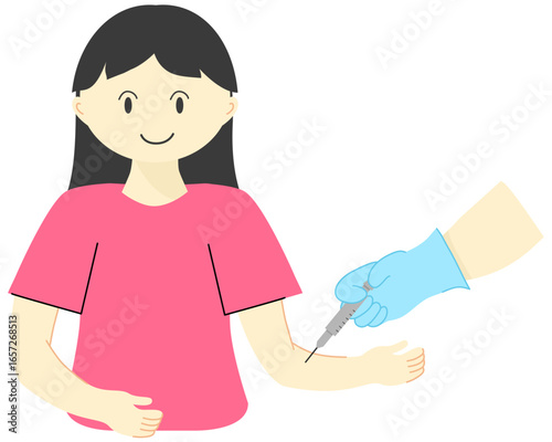 A woman receiving an injection in her arm, blood donation