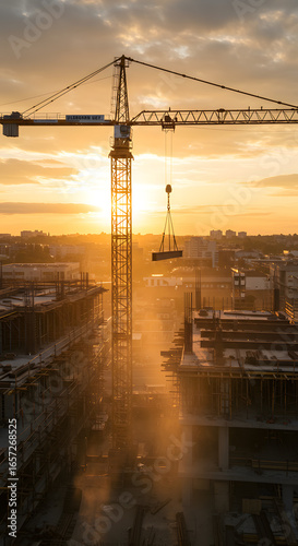 Towering crane lifts steel beam at urban construction site during golden hour sunset glow