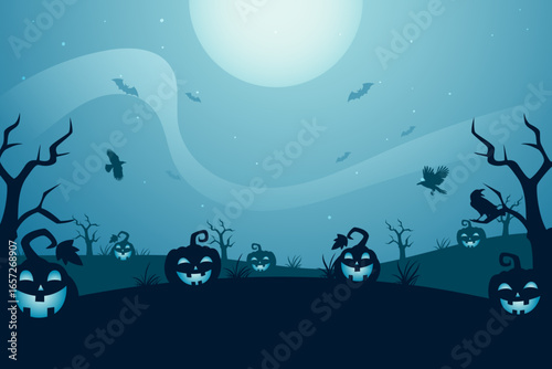 Halloween Background with Silhouette Pumpkins, Full Moon and Spooky Night