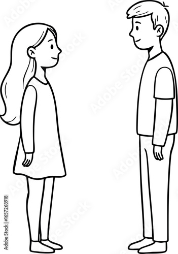 Boy and girl facing each other simple line art vector illustration 