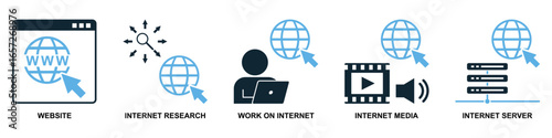 Set internet icon vector for global connectivity, web services, and online communication. This collection is ideal for illustrating digital networks, data transfer, and worldwide information access.