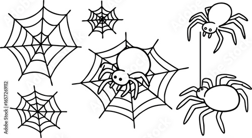 Spider with Webs Vector Illustration in Black and White Line Art Style 
