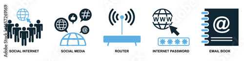 Set internet icon vector for global connectivity, web services, and online communication. This collection is ideal for illustrating digital networks, data transfer, and worldwide information access.