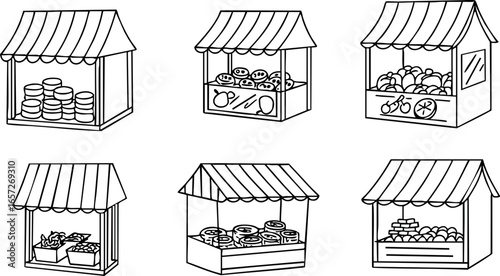 Market stalls with various fresh produce and goods vector illustration set 