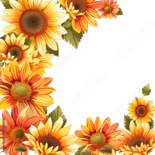 Autumnal floral crescent.  A decorative arrangement of sunflowers and other blossoms in warm autumnal hues.  Bright orange and yellow blooms are clustered in a crescent shape, framing a black space.