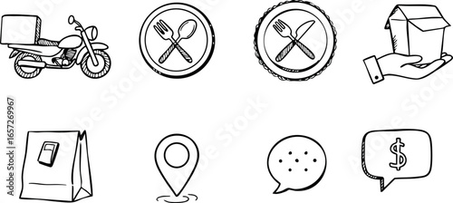Food delivery icons set with motorcycle, utensils, location, and chat symbols vector illustration 