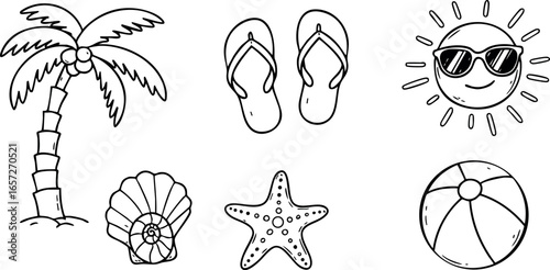 Summer Beach Elements Palm Tree Starfish Sun with Sunglasses Flip Flops and Shell Vector Illustration 