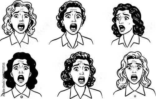 Expression of anxious woman face emotions retro style vector illustration 