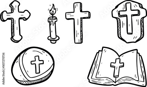 Christian cross religious symbols set with candle and Bible vector illustration 