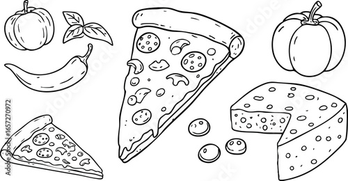 Pizza slices with cheese, tomato, chili pepper, pumpkin, and peach line art vector illustration 