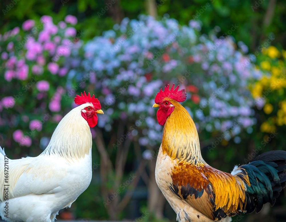 Fototapeta premium Two roosters face each other in garden