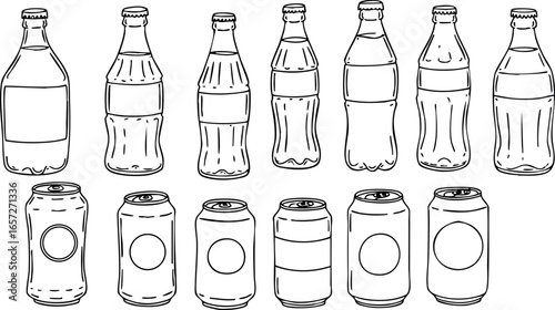 Collection of soda bottles and cans vector outline set with blank labels 