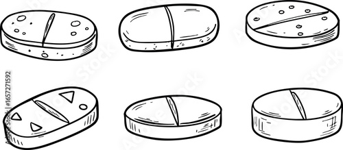 Hand drawn medicine pills capsules sketch vector illustration in black and white style 