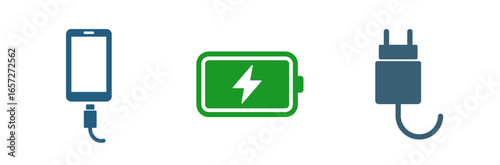 Phone charger, battery, adapter icons.