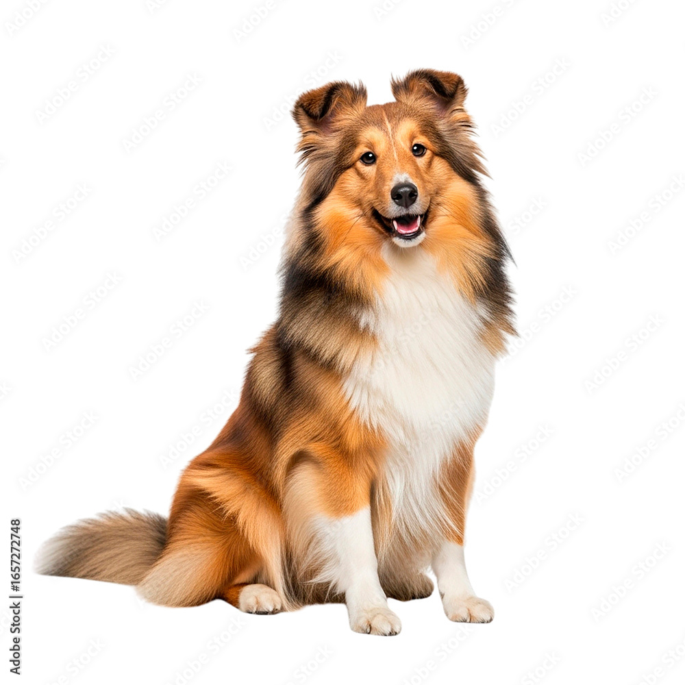 Fototapeta premium A shetland sheepdog sitting upright with a happy expression on its face