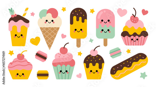 Set of Cute Kawaii Sweet Desserts and Ice Cream