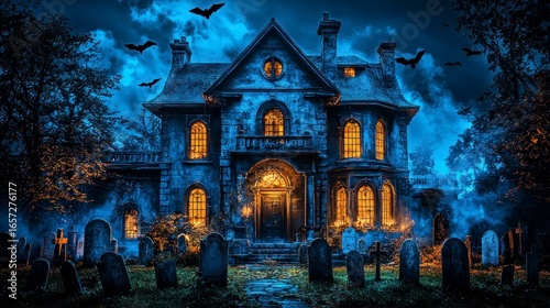 Eerie scene of haunted house at night