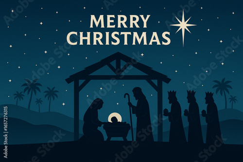 Vector Christmas nativity scene with Mary Joseph baby Jesus and Three Wise Men