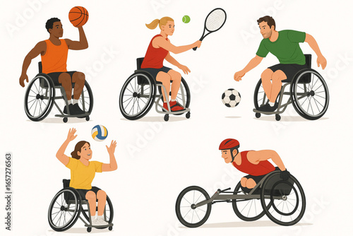 Wheelchair sports set basketball tennis football volleyball racing illustration