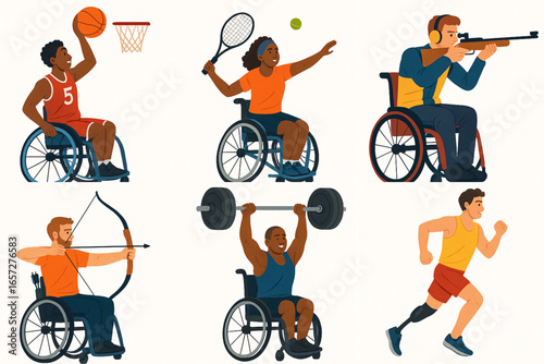 Inclusive disabled athletes playing sports wheelchair basketball tennis archery running illustration