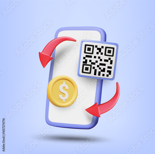 3D vector illustration of smartphone with QR code, coins, spiral arrows and payment symbols. Digital payments, convenience, security and modernity for fintech, online transactions, e-wallets.