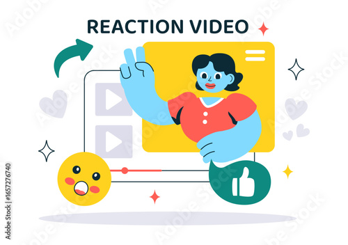 Reaction Video Vector Illustration featuring a Smartphone with a Viral Video and People Giving Likes and Reactions on Social Media in a Background