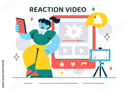 Reaction Video Vector Illustration featuring a Smartphone with a Viral Video and People Giving Likes and Reactions on Social Media in a Background