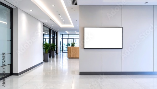 Empty modern office hallway features blank screen display for advertising, reflecting light on polished floor, creating a clean, professional atmosphere.