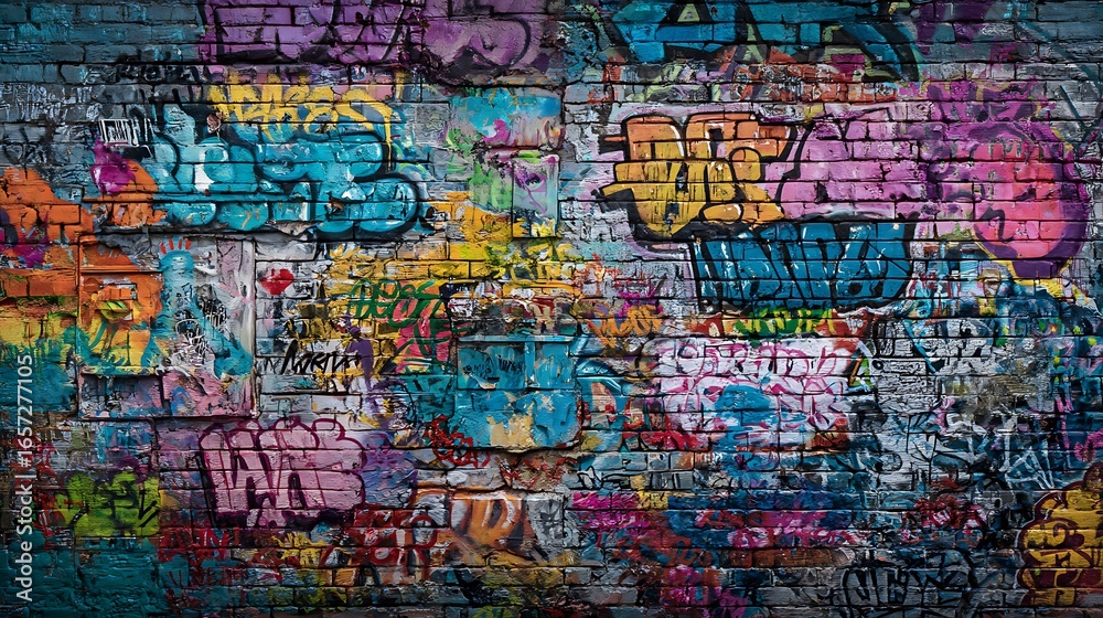 Fototapeta premium A Textured Brick Wall Canvas Adorned with Colorful Graffiti in a City Landscape