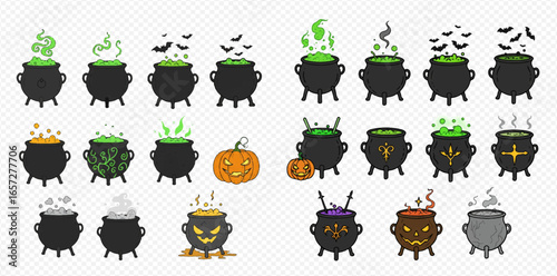 A set of cartoon witch cauldrons with bubbling potions, steam, bats, and spooky faces for Halloween.