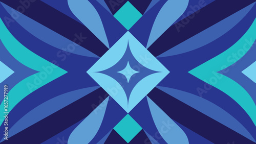 Symmetrical abstract geometric pattern with sharp angles and curves in shades of blue and teal symmetrical design