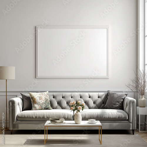 White Frame Blank Mockup Template in a Chic Luxurious Contemporary Living room

