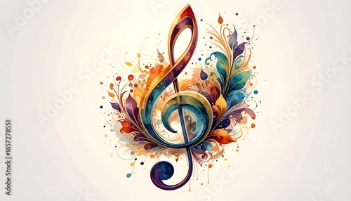 Colorful treble clef design with floral ornamentation.