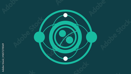 Teal Abstract Atomic Structure Symbol on Dark Teal Background blue circle